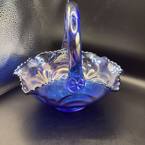 L. E. Smith Glass Co. - Revival Cobalt Blue Carnival Scroll Basket - Picture 4 of 7